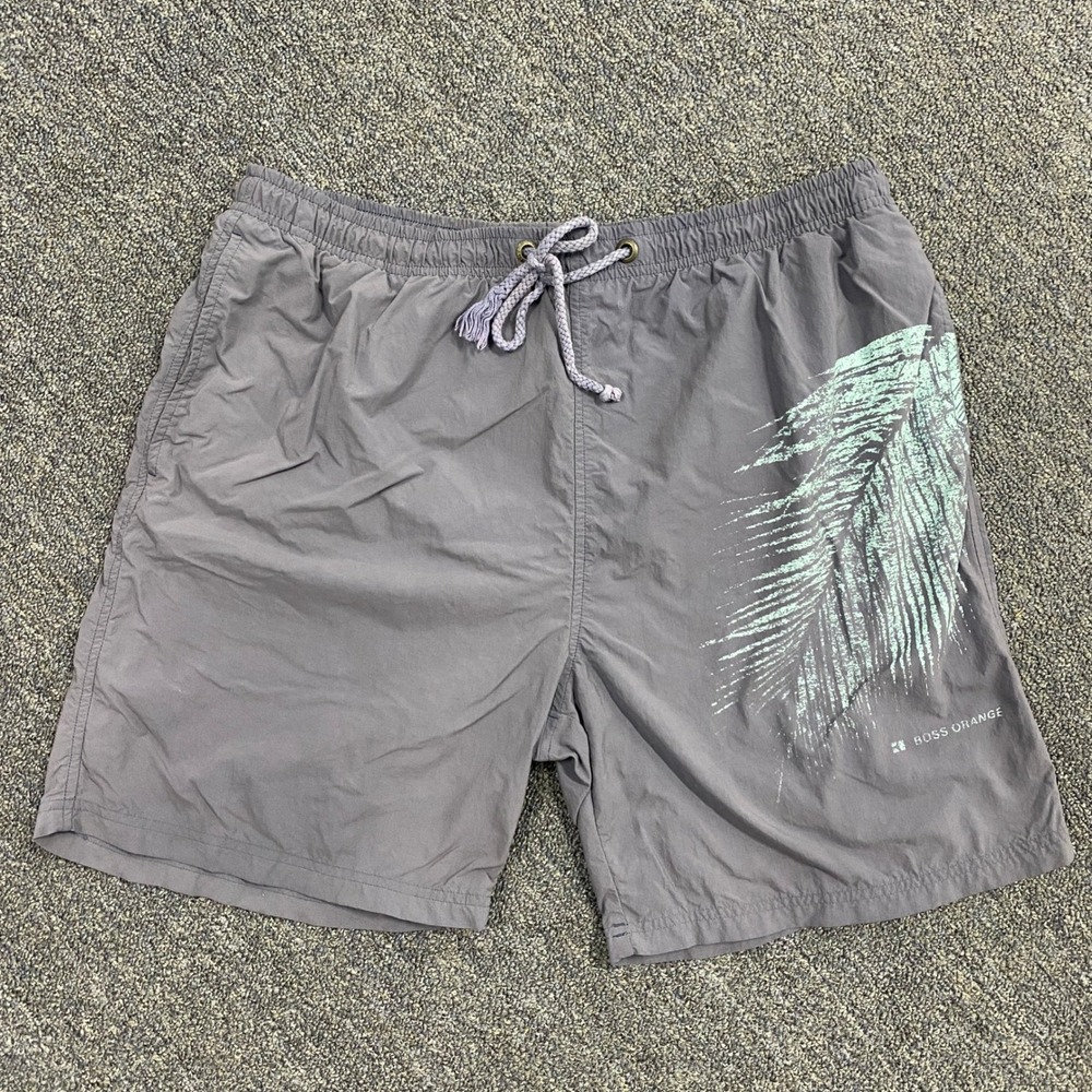 Hugo Boss Swim Trunks Mens Large Orange Grey Palm Leaf Graphic Board Shorts